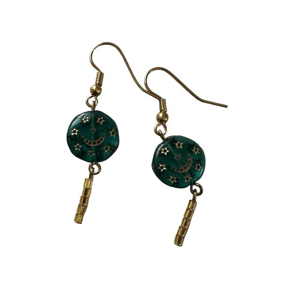 Green Glass Celestial Moon Stars Earrings - Picture 1 of 4